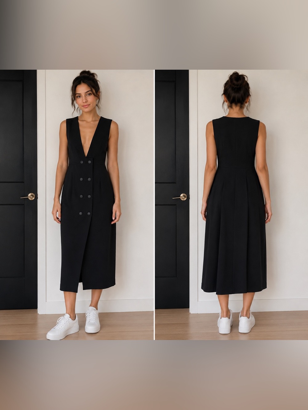 Zara Black Sleeveless Midi Dress with Double-Breasted Buttons